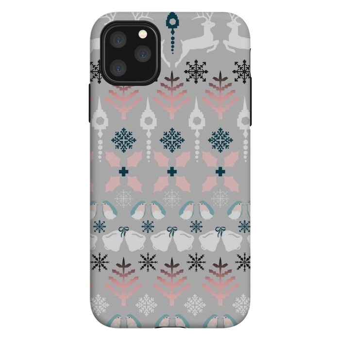 iPhone 11 Pro Max StrongFit Christmas Fair Isle in Grey, Pink and Blue by Paula Ohreen