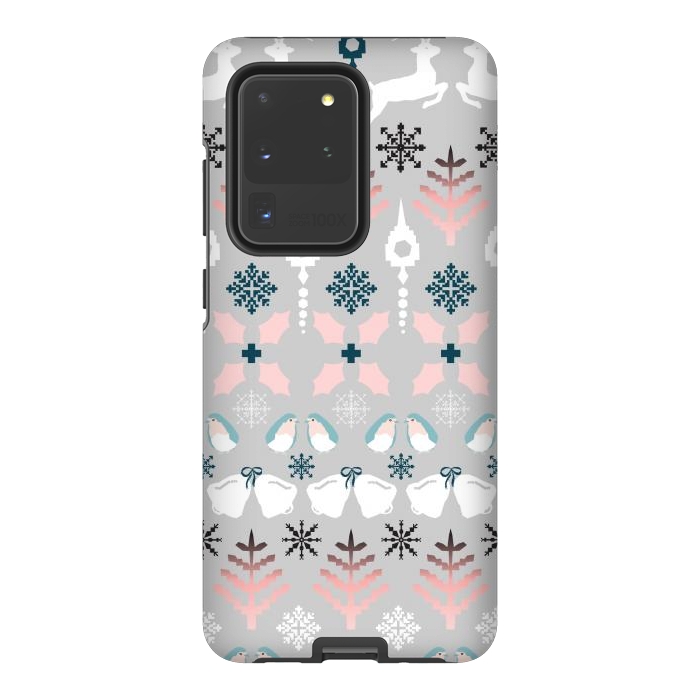 Galaxy S20 Ultra StrongFit Christmas Fair Isle in Grey, Pink and Blue by Paula Ohreen