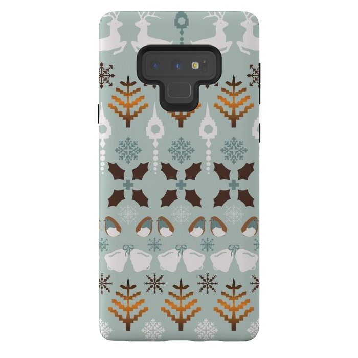 Galaxy Note 9 StrongFit Fair Isle Christmas in blue and brown by Paula Ohreen