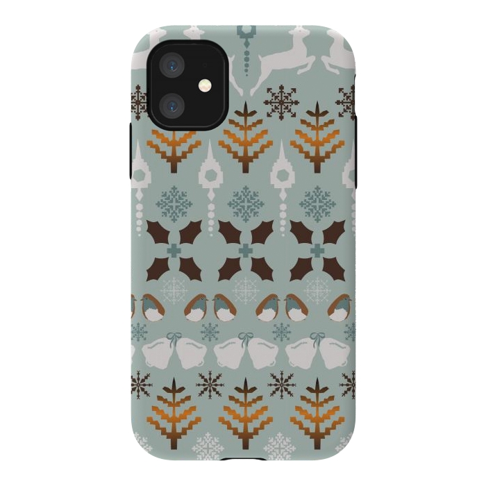 iPhone 11 StrongFit Fair Isle Christmas in blue and brown by Paula Ohreen
