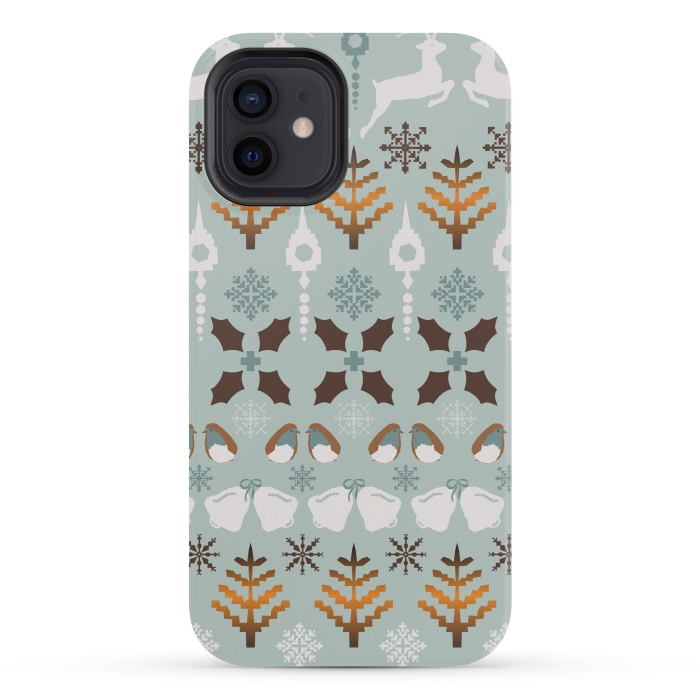 iPhone 12 mini StrongFit Fair Isle Christmas in blue and brown by Paula Ohreen