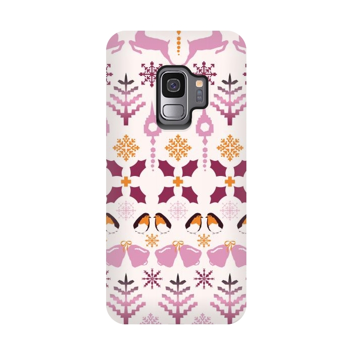 Galaxy S9 StrongFit Fair Isle Christmas in pink and orange by Paula Ohreen