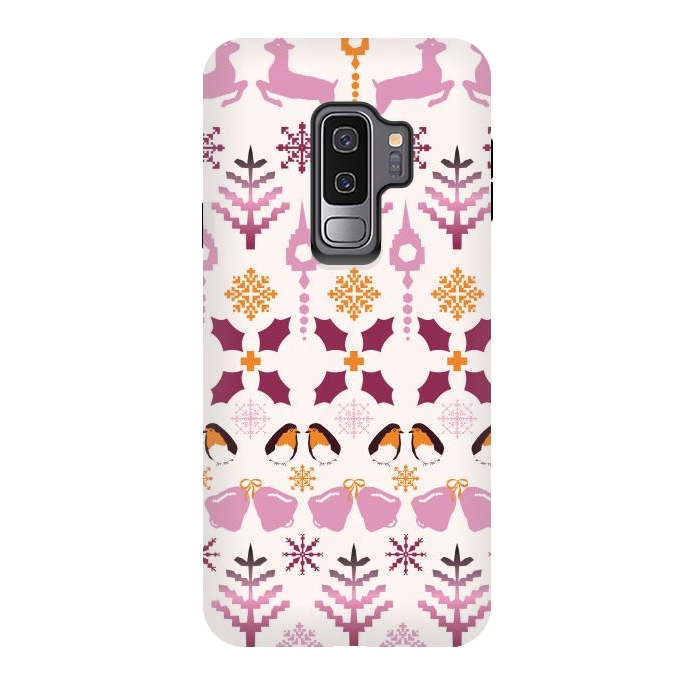 Galaxy S9 plus StrongFit Fair Isle Christmas in pink and orange by Paula Ohreen