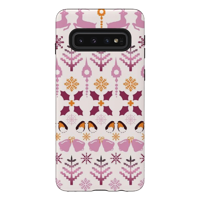 Galaxy S10 StrongFit Fair Isle Christmas in pink and orange by Paula Ohreen