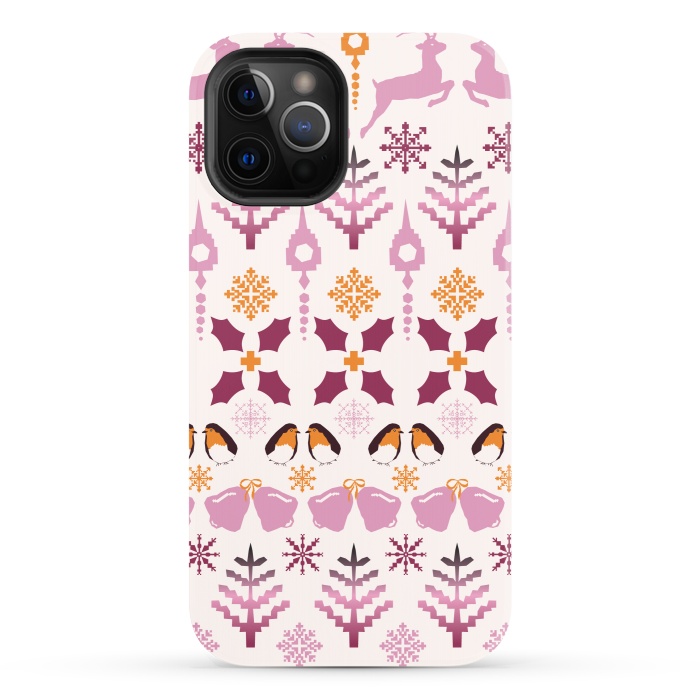iPhone 12 Pro StrongFit Fair Isle Christmas in pink and orange by Paula Ohreen