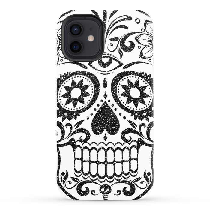 iPhone 12 StrongFit Black glitter decorated floral sugar skull - Halloween by Oana 