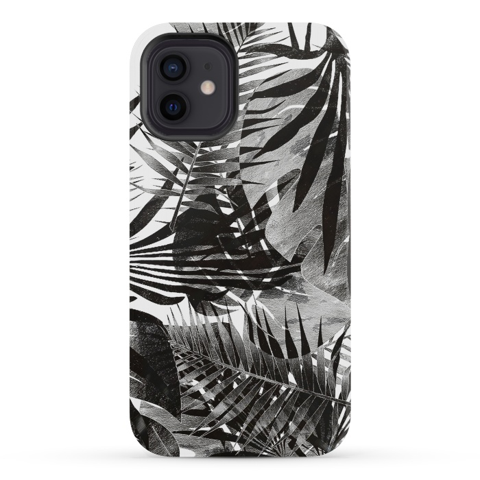 iPhone 12 mini StrongFit Black ink tropical palm and ficus leaves monochrome jungle by Oana 