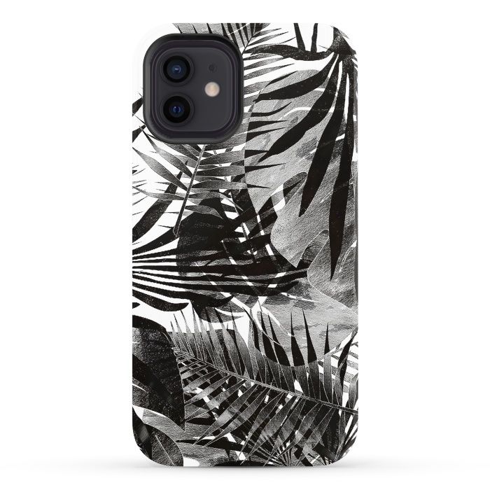 iPhone 12 StrongFit Black ink tropical palm and ficus leaves monochrome jungle by Oana 