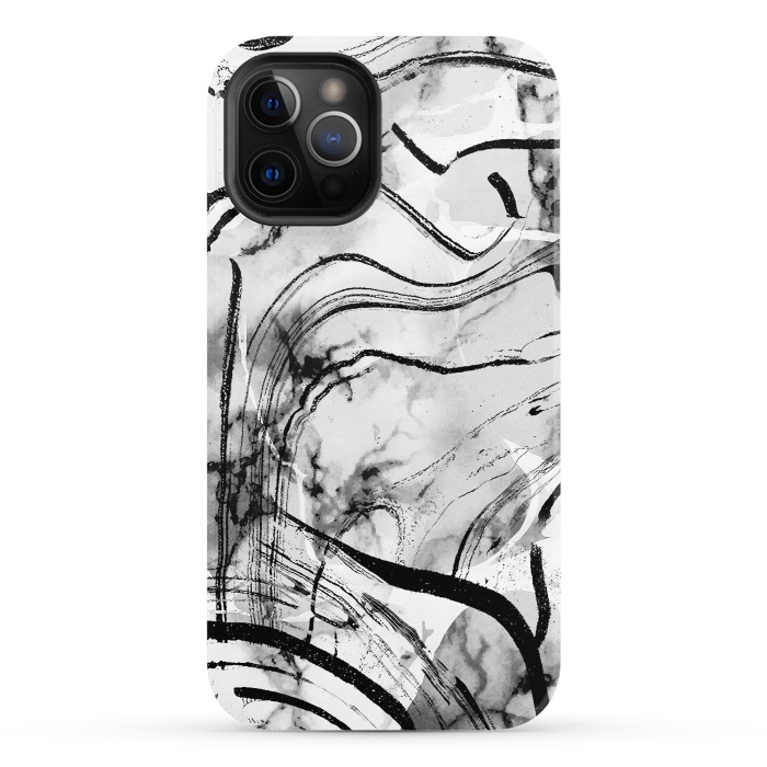 iPhone 12 Pro StrongFit Minimal white gray marble with black ink brushstroke stripes by Oana 