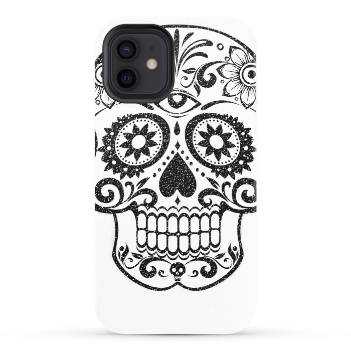 iPhone 12 StrongFit Day of the Dead floral black glitter sugar skull by Oana 