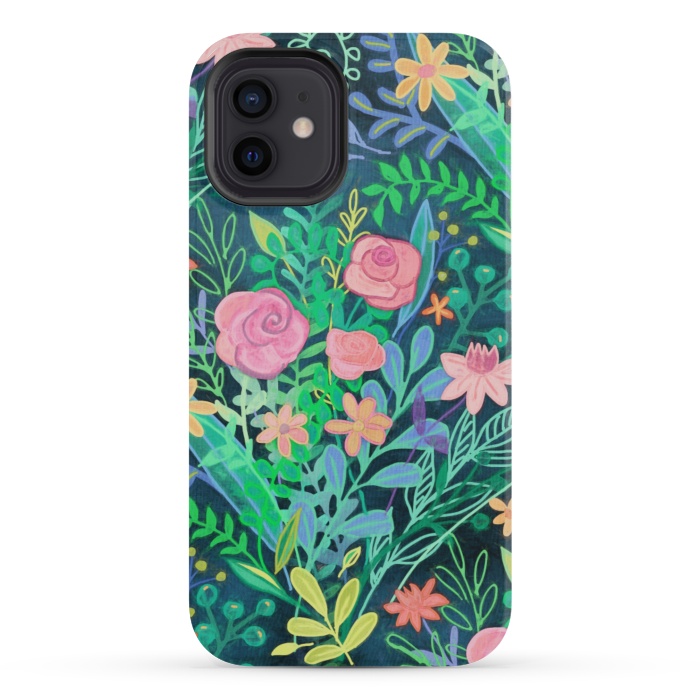 iPhone 12 mini StrongFit Bright Floral Posie on Dark Green by Micklyn Le Feuvre