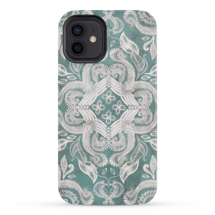 iPhone 12 mini StrongFit Dirty Denim Boho Pattern in Teal and Grey by Micklyn Le Feuvre