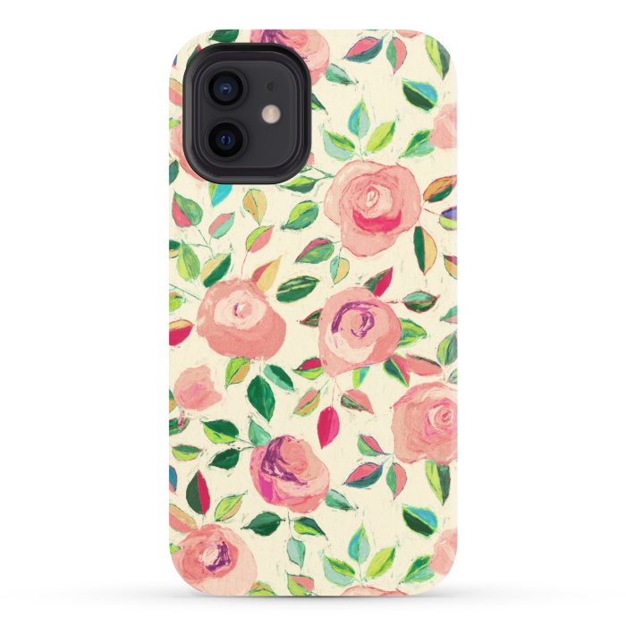 iPhone 12 StrongFit Pink and Peach Rose Pattern in Pastels by Micklyn Le Feuvre
