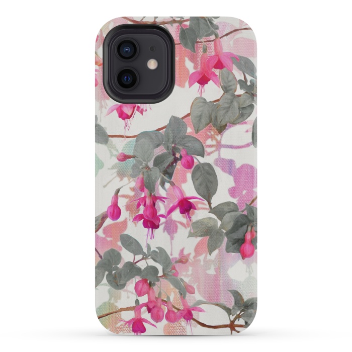 iPhone 12 mini StrongFit Painted Fuchsia Floral in Pink and Grey  by Micklyn Le Feuvre