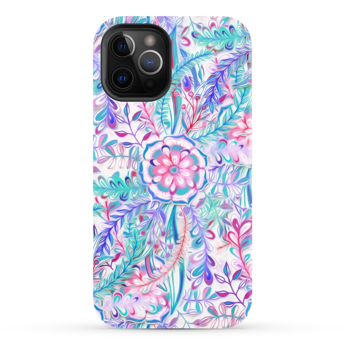 iPhone 12 Pro StrongFit Boho Flower Burst in Pink and Blue by Micklyn Le Feuvre
