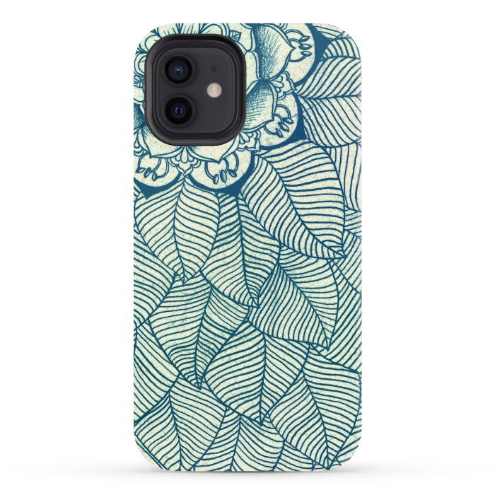 iPhone 12 StrongFit Emerald Green, Navy & Cream Floral & Leaf doodle by Micklyn Le Feuvre