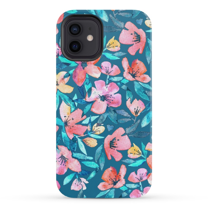 iPhone 12 mini StrongFit Fresh Watercolor Floral on Teal Blue by Micklyn Le Feuvre