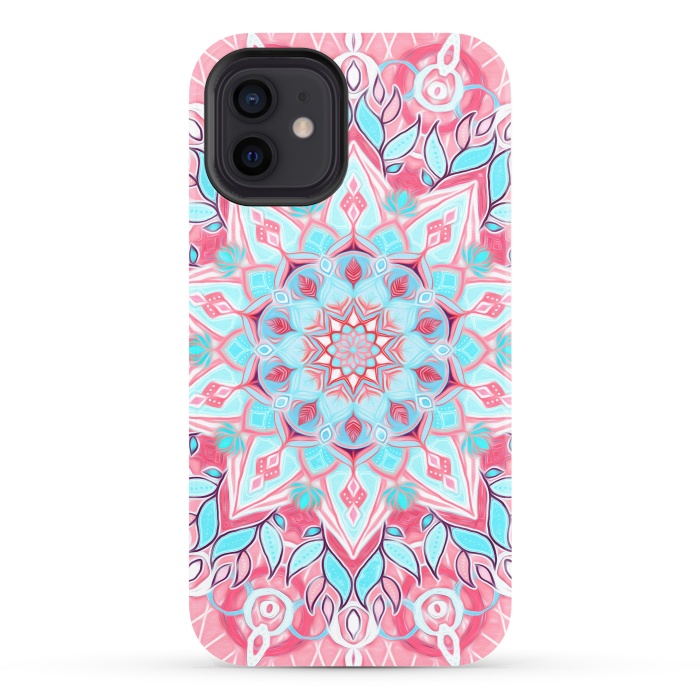 iPhone 12 StrongFit Bright Boho Aqua and Pink Mandala by Micklyn Le Feuvre
