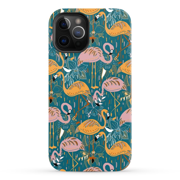 iPhone 12 Pro StrongFit Flamingos On Blue  by Tigatiga