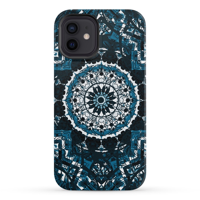 iPhone 12 mini StrongFit Black blue ethnic geometric mandala by Oana 