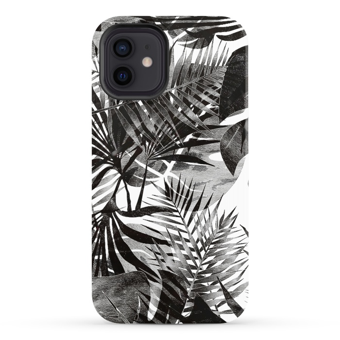iPhone 12 StrongFit Black transparent tropical leaves - ficus and palm by Oana 