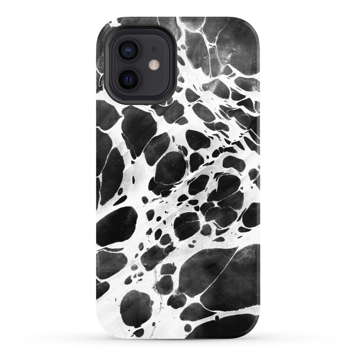 iPhone 12 StrongFit Dark marble with white bubble ink lines by Oana 