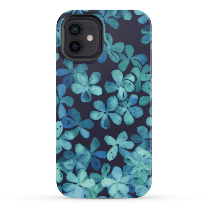 iPhone 12 mini StrongFit Hand Painted Floral Pattern in Teal & Navy Blue by Micklyn Le Feuvre