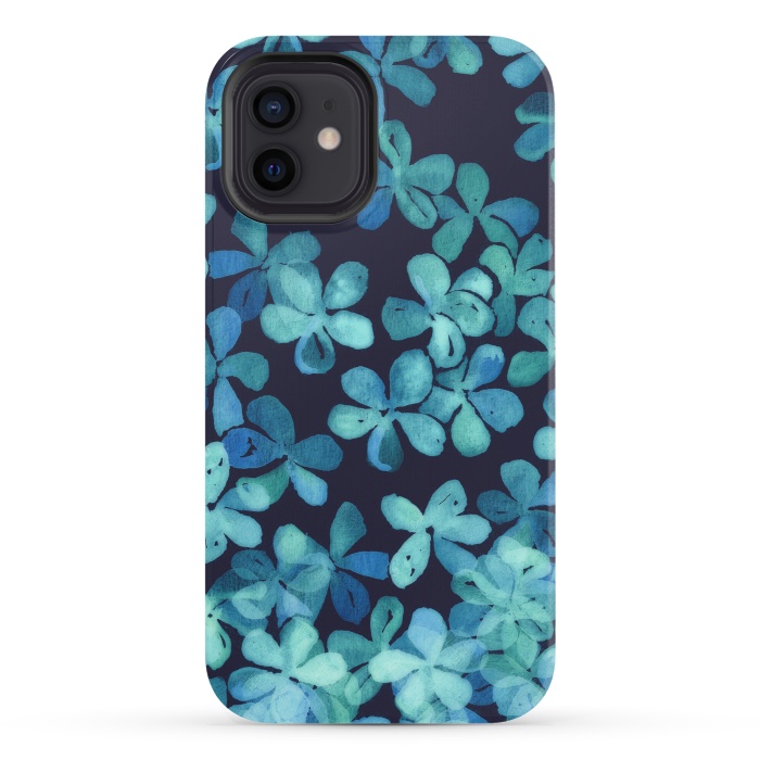 iPhone 12 StrongFit Hand Painted Floral Pattern in Teal & Navy Blue by Micklyn Le Feuvre