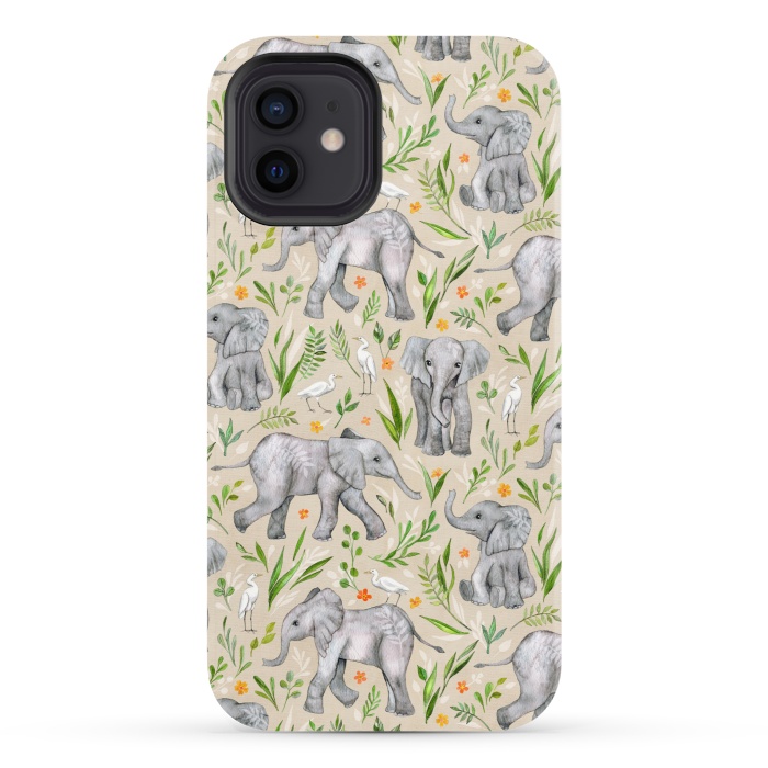 iPhone 12 StrongFit Little Watercolor Elephants and Egrets on Neutral Cream by Micklyn Le Feuvre