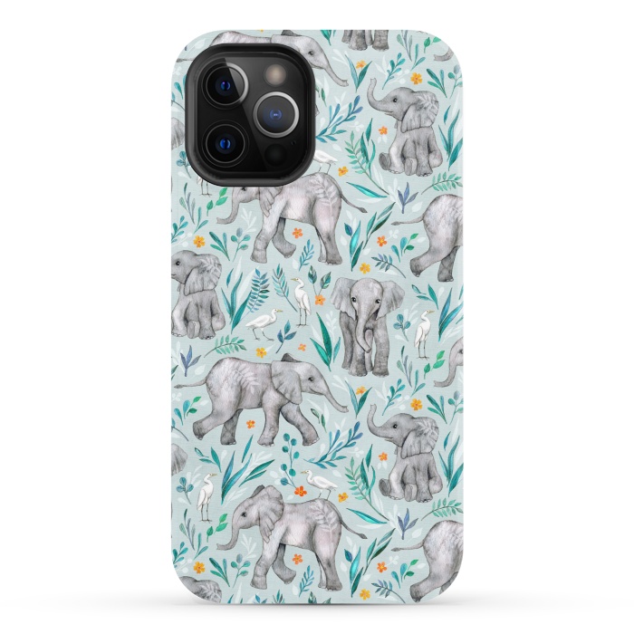 iPhone 12 Pro StrongFit Little Watercolor Elephants and Egrets on Light Blue by Micklyn Le Feuvre