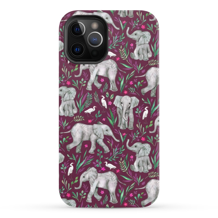 iPhone 12 Pro StrongFit Little Watercolor Elephants and Egrets on Burgundy Red by Micklyn Le Feuvre