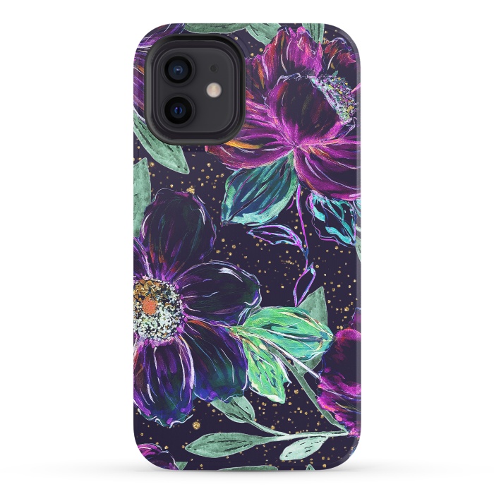 iPhone 12 StrongFit Whimsical hand paint floral and golden confetti design by InovArts