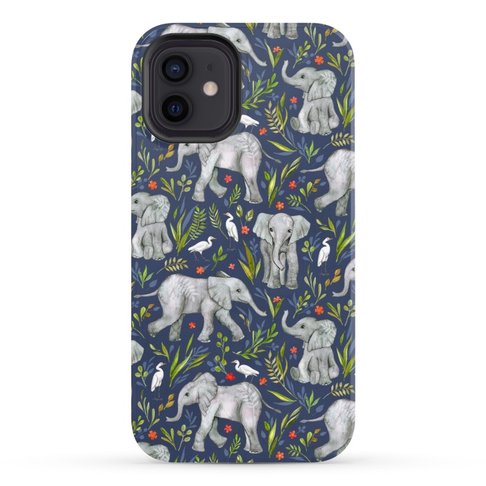 iPhone 12 StrongFit Little Watercolor Elephants and Egrets on Navy Blue by Micklyn Le Feuvre