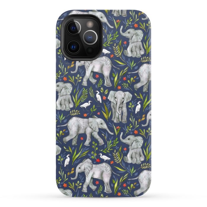 iPhone 12 Pro StrongFit Little Watercolor Elephants and Egrets on Navy Blue by Micklyn Le Feuvre