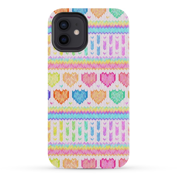 iPhone 12 mini StrongFit Cozy Knit with Rainbow Hearts on Off White by Micklyn Le Feuvre