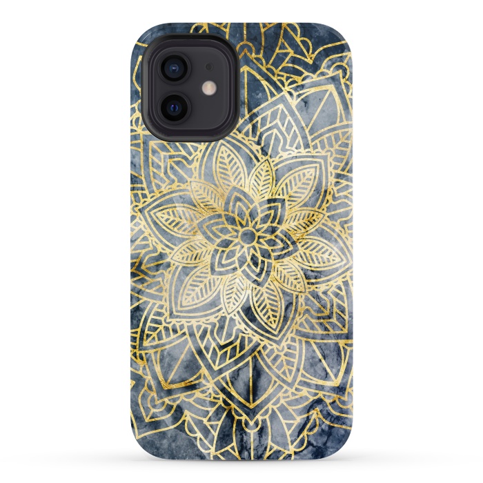 iPhone 12 StrongFit Golden flower mandala on dark blue marble by Oana 