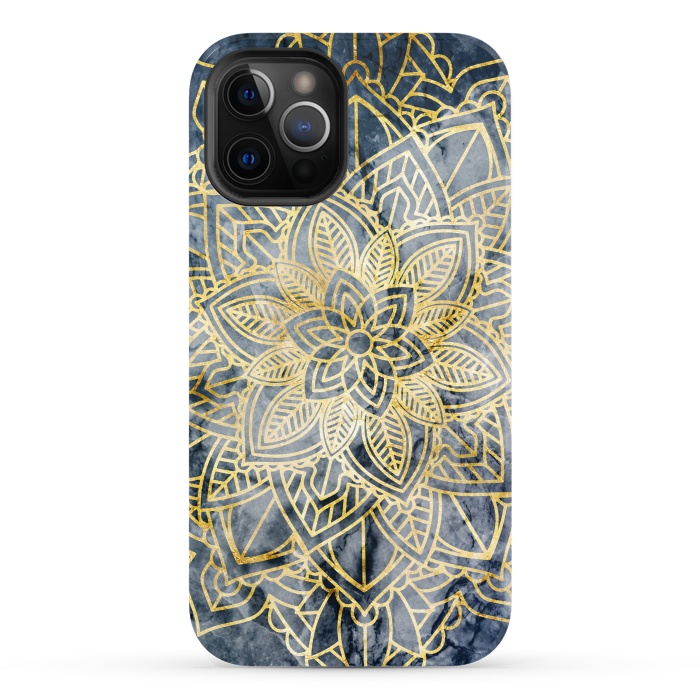 iPhone 12 Pro StrongFit Golden flower mandala on dark blue marble by Oana 