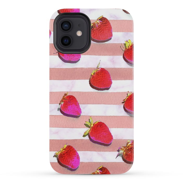 iPhone 12 mini StrongFit strawberries on watercolor painted stripes by Oana 