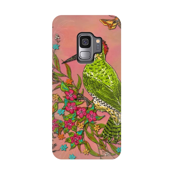 Galaxy S9 StrongFit Floral Woodpecker by Lotti Brown