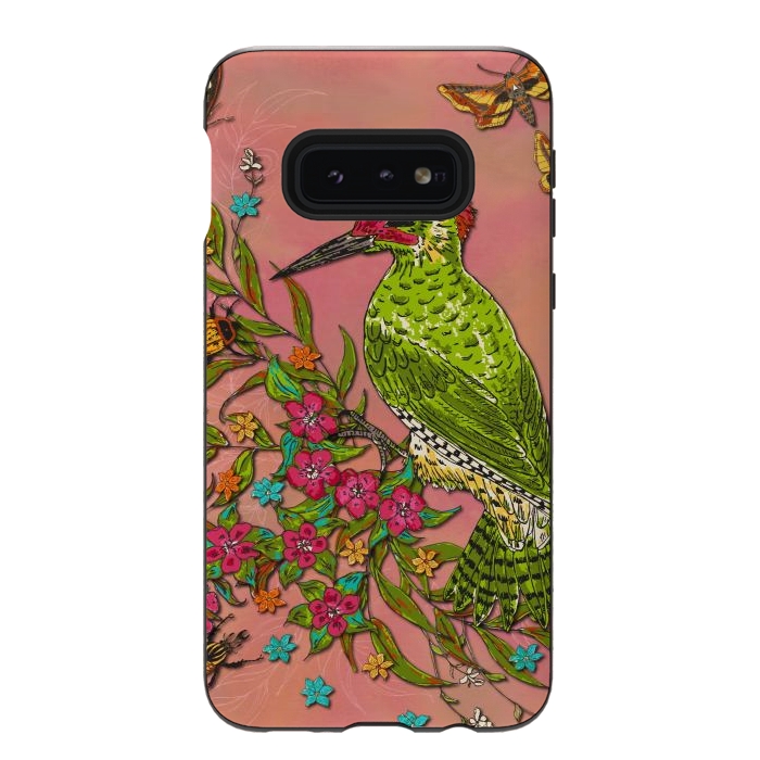 Galaxy S10e StrongFit Floral Woodpecker by Lotti Brown