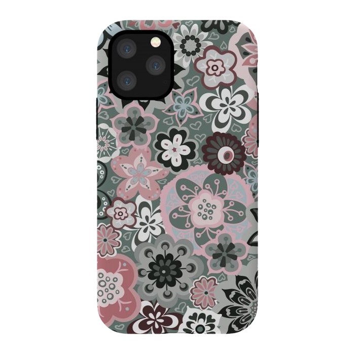 iPhone 11 Pro StrongFit Beautiful Bouquet of Blooms-Dark Grey and Pink by Paula Ohreen