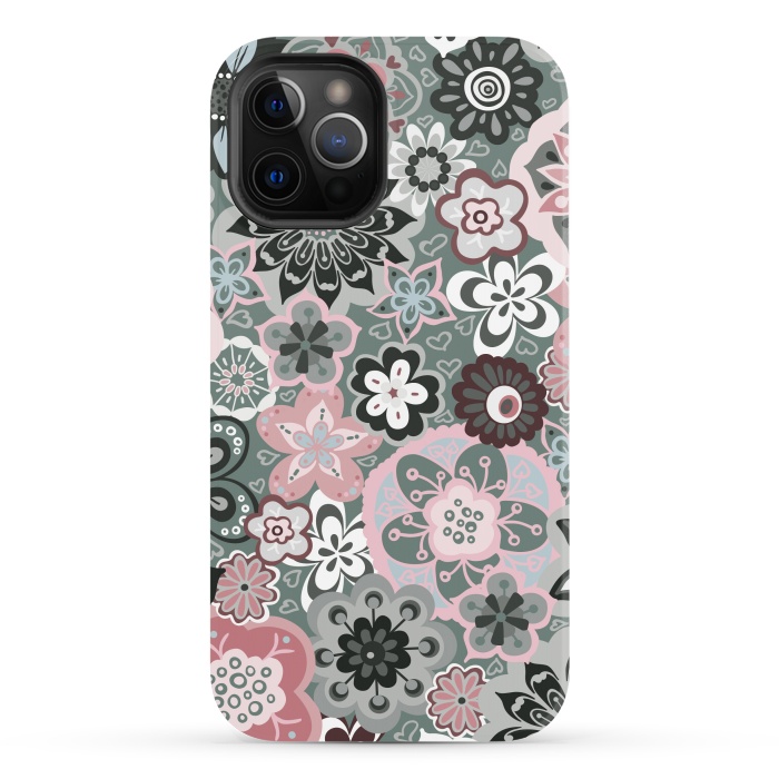iPhone 12 Pro Max StrongFit Beautiful Bouquet of Blooms-Dark Grey and Pink by Paula Ohreen