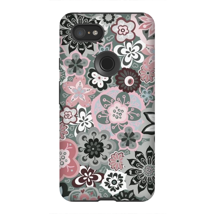 Pixel 3XL StrongFit Beautiful Bouquet of Blooms-Dark Grey and Pink by Paula Ohreen
