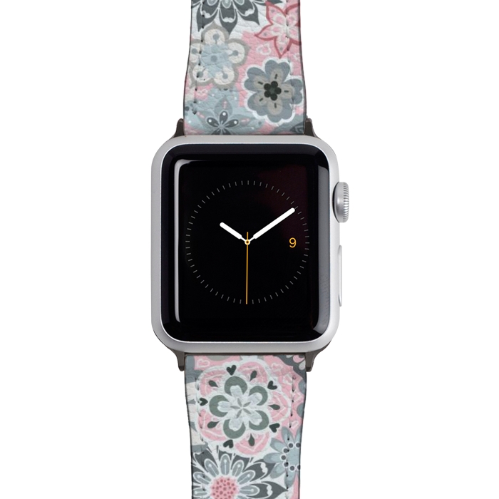 Watch 42mm / 44mm Strap PU leather Beautiful Bouquet of Blooms-Light grey and pink by Paula Ohreen
