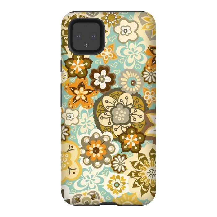 Pixel 4XL StrongFit Bouquet of Blooms-Blue and Orange by Paula Ohreen