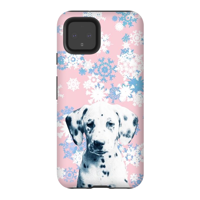 Pixel 4 StrongFit Pink blue dalmatian and snowflakes by Oana 