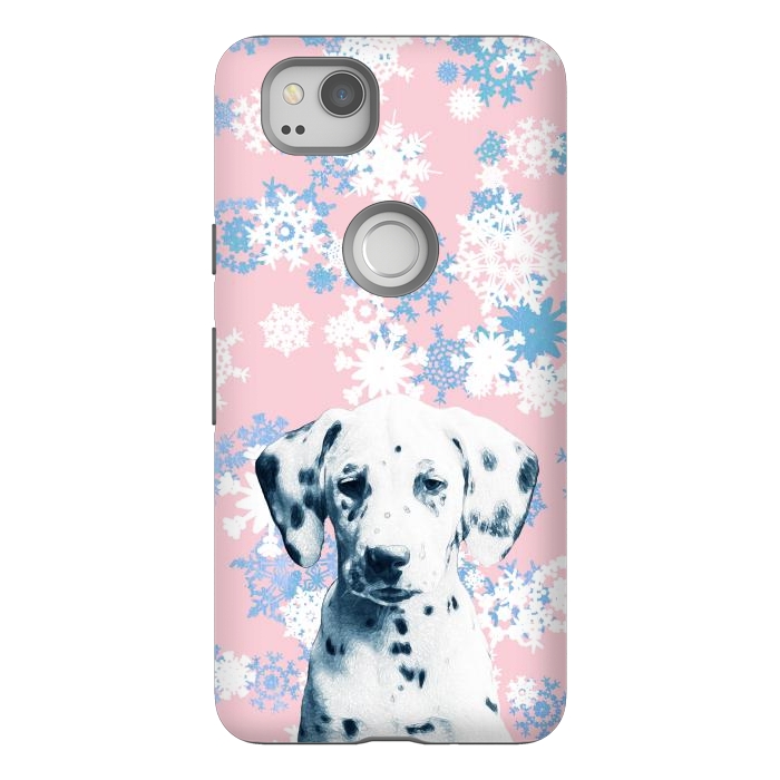 Pixel 2 StrongFit Pink blue dalmatian and snowflakes by Oana 