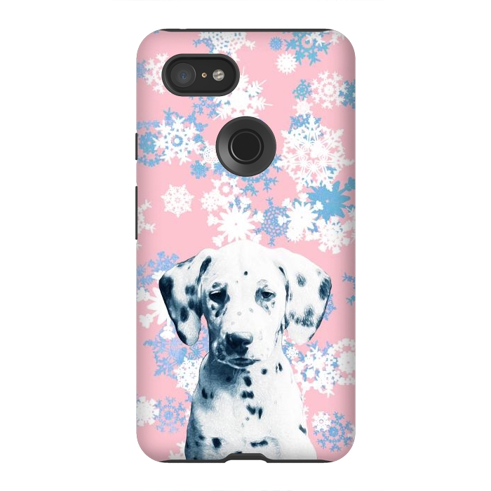 Pixel 3XL StrongFit Pink blue dalmatian and snowflakes by Oana 