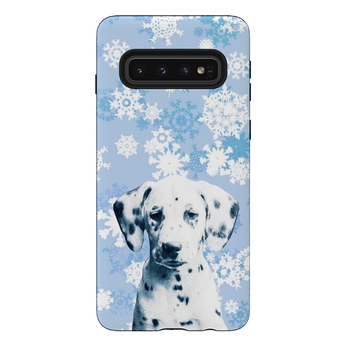 Galaxy S10 StrongFit Cute dalmatian and blue white snowflakes by Oana 