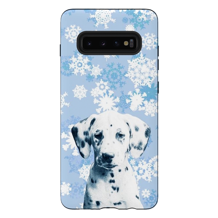 Galaxy S10 plus StrongFit Cute dalmatian and blue white snowflakes by Oana 